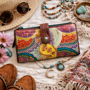 Fossil Key-Per Floral Paisley Wallet Boho Leather Trim Checkbook Clutch Vintage